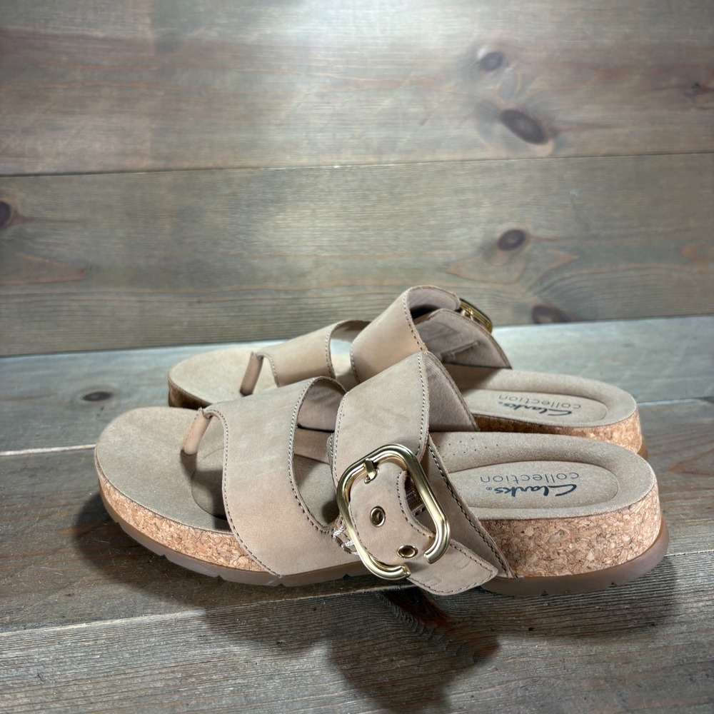 Clarks Collection Womens size 7.5 shoes Tan Suede Buckle Cork Footbed sandals